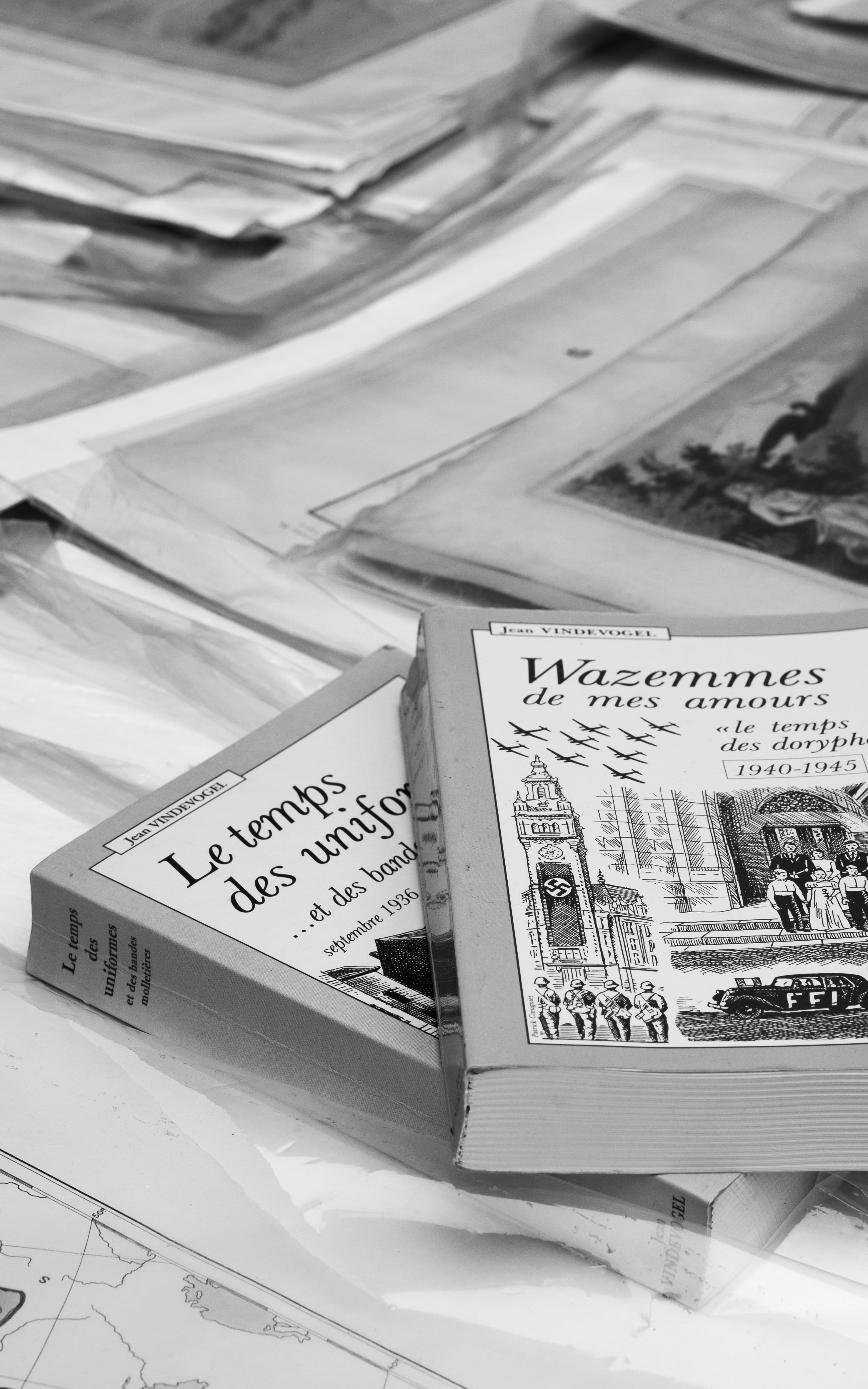 Published books from Hoggard Publishers resting on archival prints